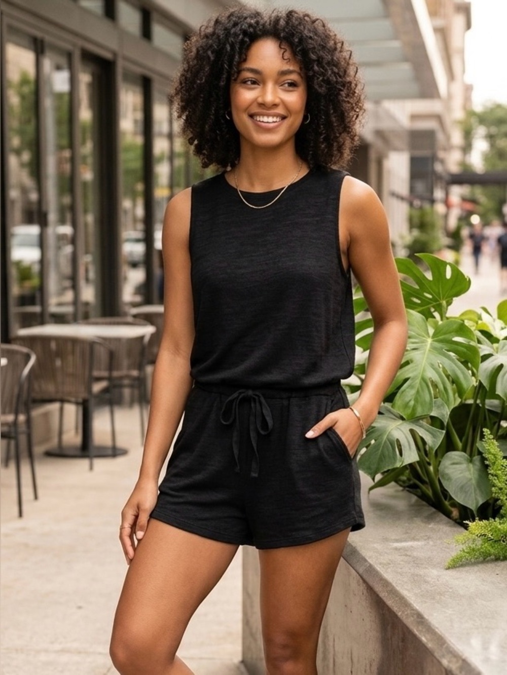 WILFRED FREE Izabel Black Jersey Knit Tie-Waist Romper Size Medium